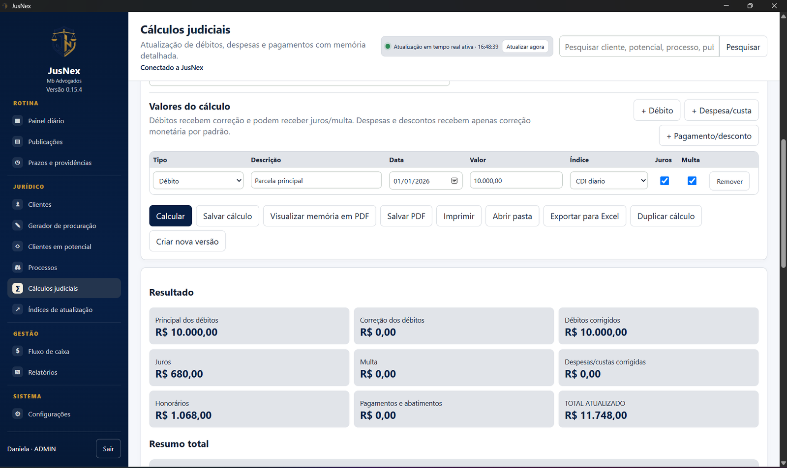 Tela de cálculos judiciais do JusNex
